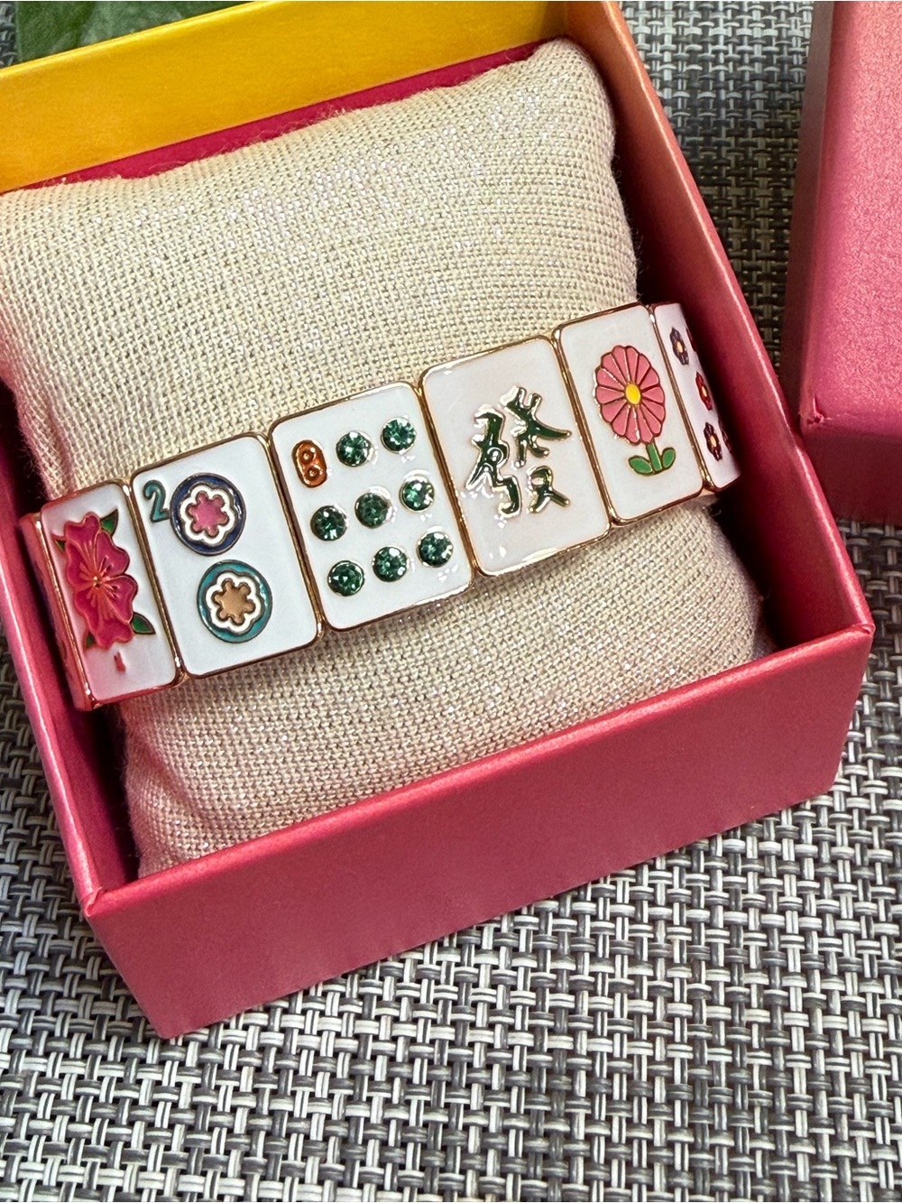 Piper K 🀄️Mahjong 🌸Enamel & Metal & gems Stretch Bracelet Gold Accents NIB